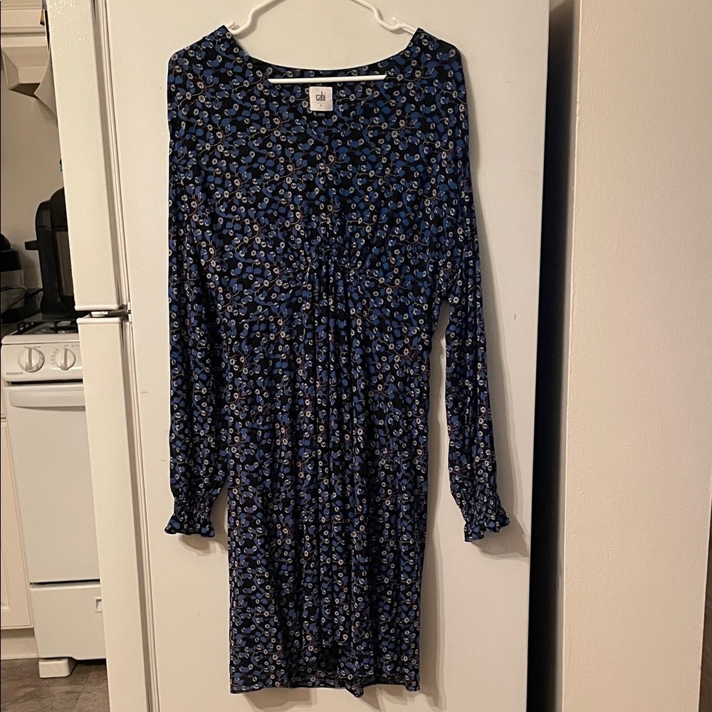 CAbi Large Navy Floral Leaves‎ Long Sleeve Dress